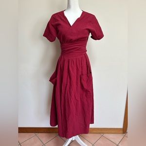 Medium red linen wrap women’s dress with pockets